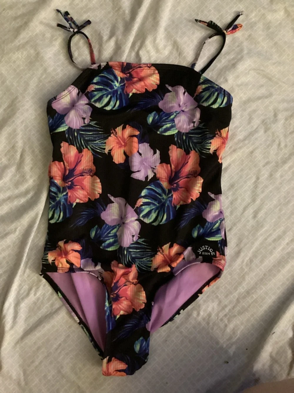 Justice Black One-Piece Swimsuit with Purple & Coral Floral Print